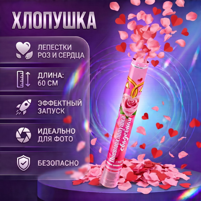 Хлопушка 60см свадебная лепестки роз и красные сердца (бумага) Хлопушка 60см свадебная лепестки роз и красные сердца (бумага)